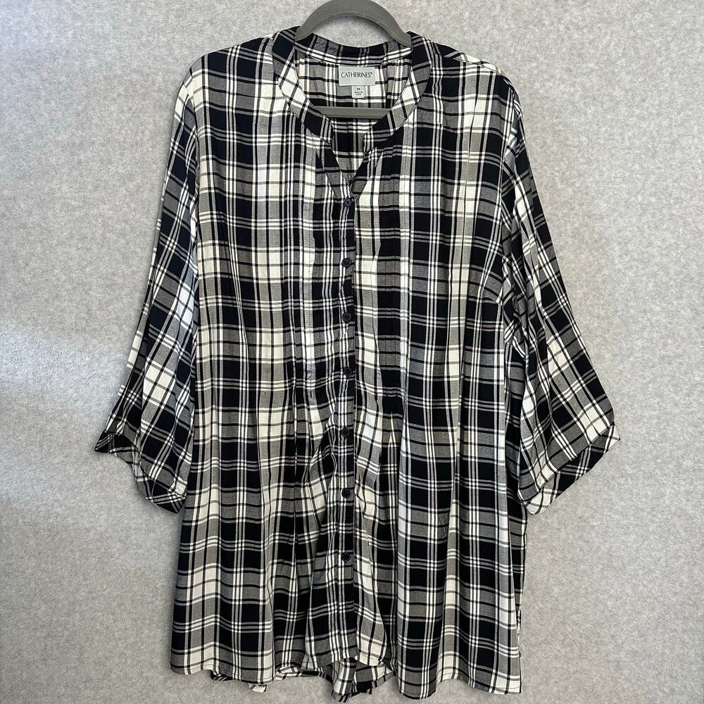 Catherines Plaid Tunic Size 2X Black White Pintuck Button Front 3/4 Sleeves